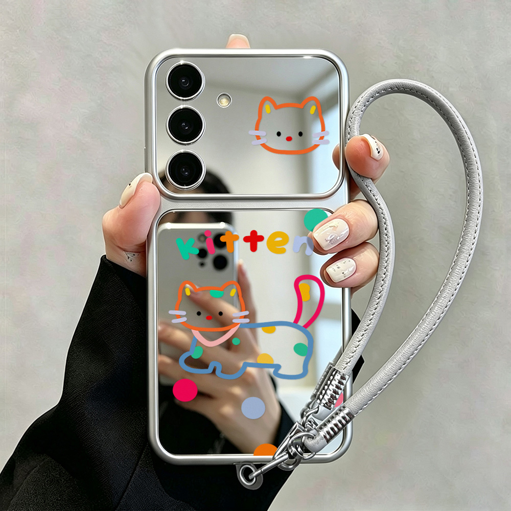 Phone Cases Galaxy A16 5G - Niedliche Katzen-Spiegelhülle mit Handyband für Samsung